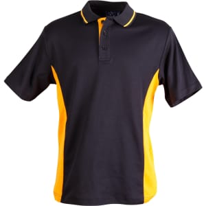 A black and yellow Kids' TrueDry Contrast short sleeve polo shirt with a collar and logo.