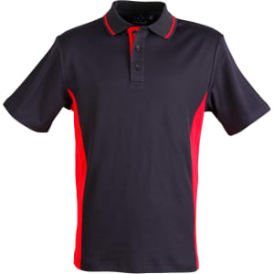 A black and red polo shirt featuring a collar, short sleeves, and a logo.