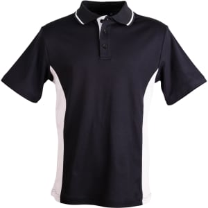 A black and white kids' polo shirt with a contrasting design and a logo on the left side.