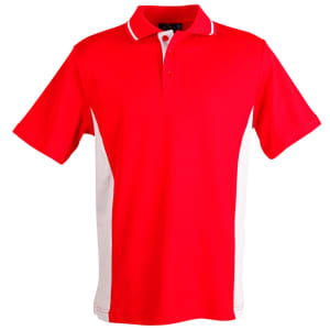 A red and white polo shirt featuring short sleeves and a collar, with a logo on the chest.