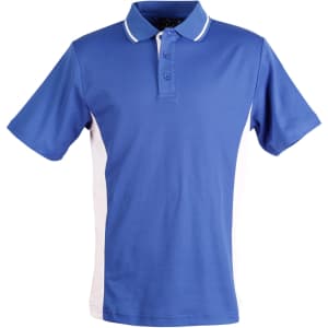 A blue and white short-sleeve polo shirt with a collar and some branding.