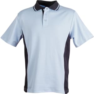 A light blue and navy polo shirt featuring a collar and short sleeves. The shirt has a logo on it.