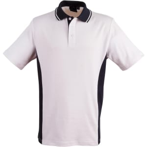 A white polo shirt with navy contrast panels and a collar. Features a logo on the chest.