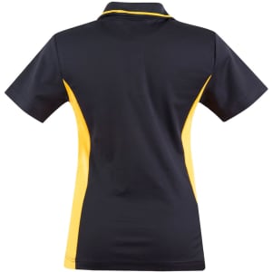 A black and yellow women's polo shirt featuring a contrasting design and a logo on the back.