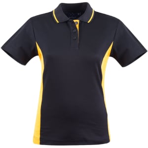 A black and yellow ladies' polo shirt with short sleeves and a collar, featuring a logo.