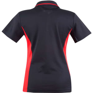 A black and red ladies' polo shirt featuring a contrast design and a collar, viewed from the back.