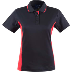 A black and red polo shirt with a classic collar and short sleeves, featuring a small logo.
