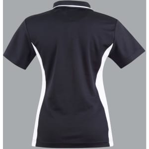 A black and white ladies' polo shirt with a contrast design and a classic collar, featuring a logo.