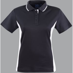 A black and white ladies' polo shirt featuring a classic collar and a logo on the chest.