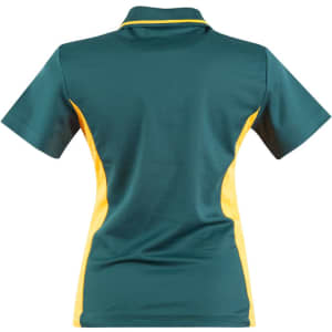 A green and yellow women's polo shirt featuring a contrasting design and a logo.