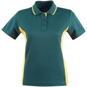 A green and yellow Ladies' TrueDry Contrast short-sleeve polo shirt with a collar and three buttons, featuring a logo.