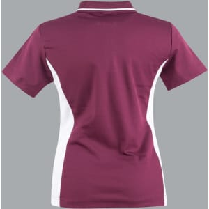 A maroon polo shirt with white contrast panels and a collar, featuring a logo on the front.