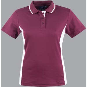 A maroon polo shirt with white contrast panels and a collar, featuring buttons and a logo.