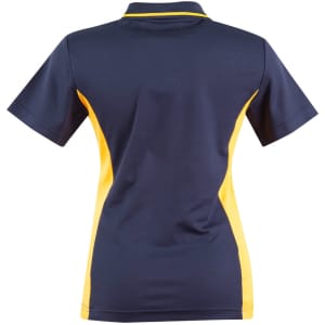 A navy blue polo shirt with yellow contrast detailing on the sides and a collar. Features a logo on the front.