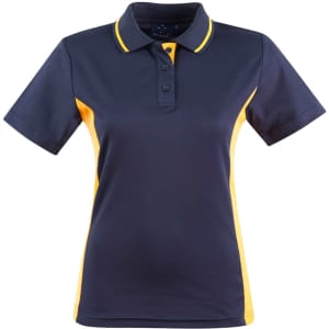 A navy and yellow ladies' polo shirt featuring short sleeves and a collar, with a logo on the front.