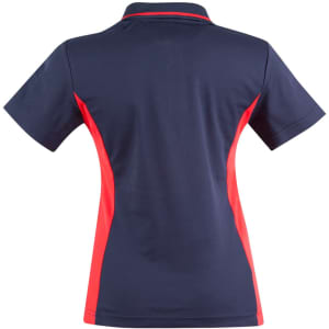 A navy polo shirt with red contrast detailing on the sides, featuring a collar and short sleeves. It has a logo on it.