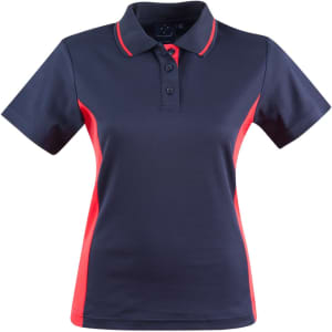 Ladies' TrueDry Contrast S/S Polo in navy blue with red side panels, featuring a collar and buttons. Includes a logo.