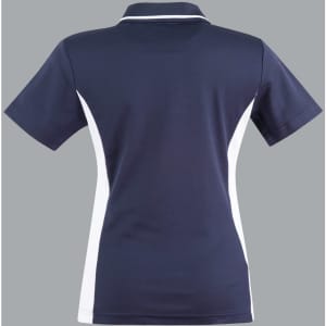 A navy blue polo shirt with white contrast panels, featuring a collar and short sleeves, and includes a logo.