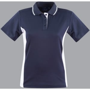 A ladies' polo shirt featuring a navy body with white contrast panels, short sleeves, and a collar.