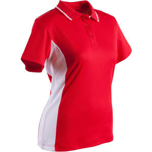 A red and white ladies' polo shirt with a short sleeve and a collar, featuring a logo.
