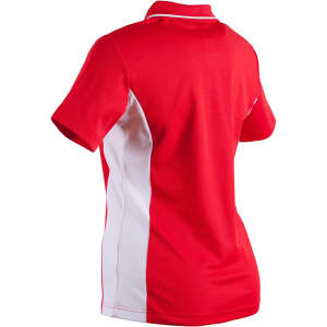 A red and white polo shirt with short sleeves, featuring a branding logo.