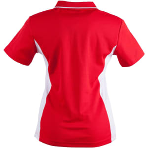 A red and white ladies' polo shirt with a contrast design, featuring a logo on the front.