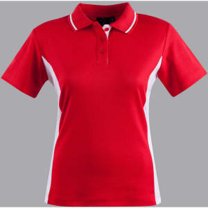 A red and white women's polo shirt with short sleeves and a collar, featuring a logo on one side.