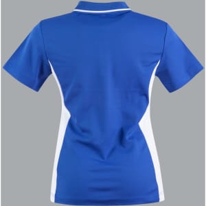 A blue and white contrast polo shirt featuring a logo, designed for women.