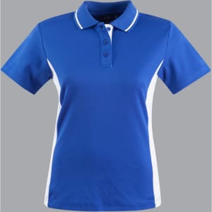 Ladies' TrueDry Contrast S/S Polo in vibrant blue with white side accents. Features a classic polo collar and three buttons.