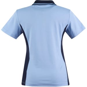 A light blue polo shirt with contrasting navy side panels and a collar, featuring a logo.