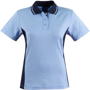 A light blue short-sleeve polo shirt with navy side panels and a collar, featuring three buttons and a logo.