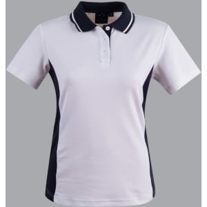A short-sleeved polo shirt in white with black contrast panels and a logo on the collar.