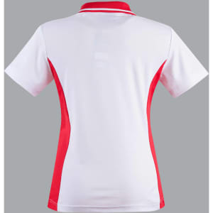 A ladies' polo shirt featuring a white base with red contrast panels and a collar. It has a logo on it.