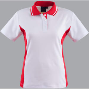 A ladies' short-sleeve polo shirt featuring a white body with red contrast sides and collar, including a logo.