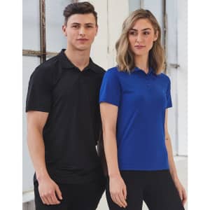 A textured polo shirt for ladies in blue, displayed alongside a black polo shirt for men, both featuring logos.