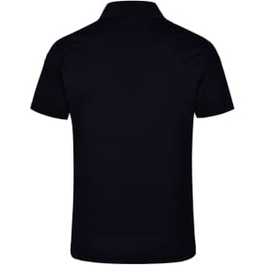 A black textured polo shirt featuring a collar and short sleeves, with a logo on the back.