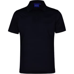A black textured polo shirt featuring a collar and button placket, with a logo present.