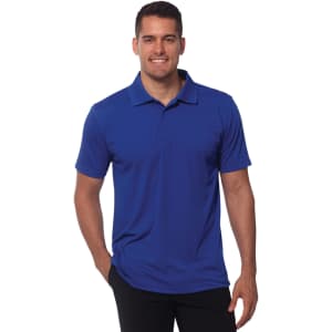 A man wearing a blue textured polo shirt, featuring a collar and short sleeves, with a logo on the chest.