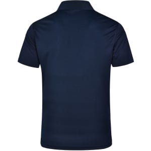 A navy blue men's polo shirt with a textured pattern and a collar, featuring a logo.