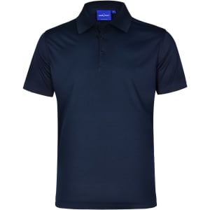 A men's polo shirt in navy blue with a textured design and a collar, featuring a logo on the chest.