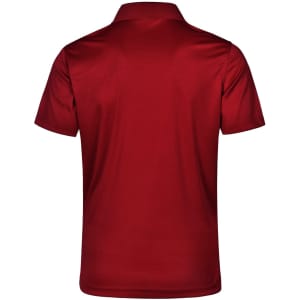 A red textured polo shirt with a classic collar and short sleeves, featuring a logo on the back.