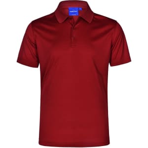 A red textured polo shirt with a collar, short sleeves, and a logo on the left side.