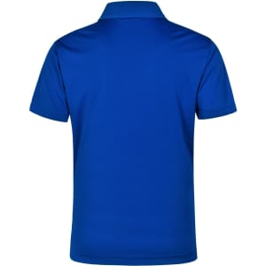 A blue men's polo shirt featuring a textured design and a collar. The back view shows short sleeves and a logo.