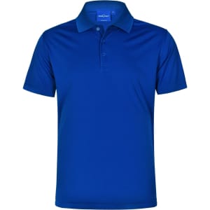 A vibrant blue men's polo shirt with a textured fabric and a three-button placket. It features a collar and has a logo.