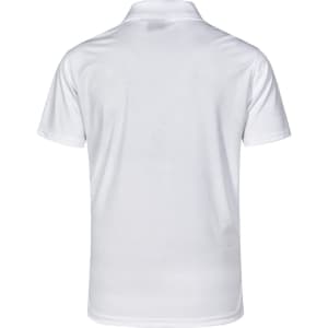 A white Men's Cooldry Textured Polo shirt featuring a collar and short sleeves, with a logo on the back.