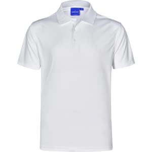 A white men's polo shirt made from Cooldry textured fabric, featuring a collar and a logo on the label.