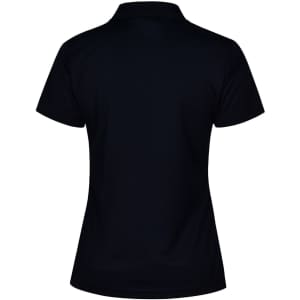 A black ladies' polo shirt with a textured finish, featuring a collar and short sleeves. The shirt has a logo.