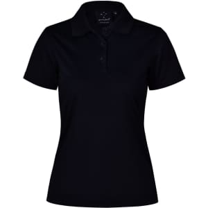 Ladies' Cooldry Textured Polo in black, featuring a collar, three buttons, and a logo on the front.