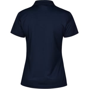 A navy textured polo shirt with a classic collar and short sleeves. It features a logo on the front.