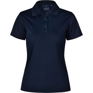 A navy textured polo shirt for ladies featuring a collar, three buttons, and a logo.